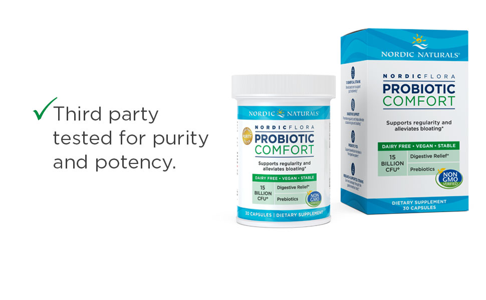 Bottle and Box of Nordic Flora Probiotic Comfort by Nordic Naturals