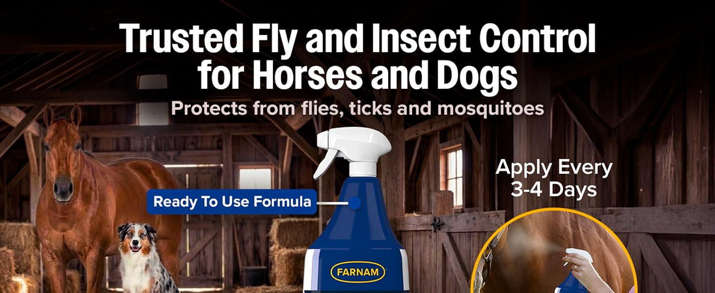Fly, tick and mosquito control for horses and dogs. Ready-to-use, apply every 3-4 days