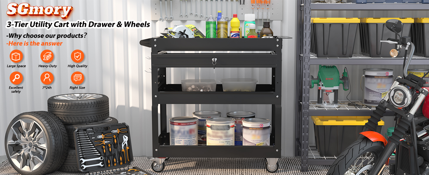 3-Tier Utility Cart with Drawer &amp; Wheels