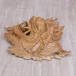 NOVICA Handmade Wood Barong Bangkal Mask Hecha a mano Mascarilla Banco Madera Máscara de pared