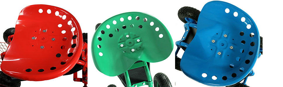 red, green, and blue cart seats