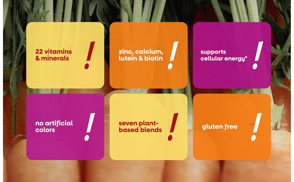 Yellow, orange, pink text boxes on top of a carrot background