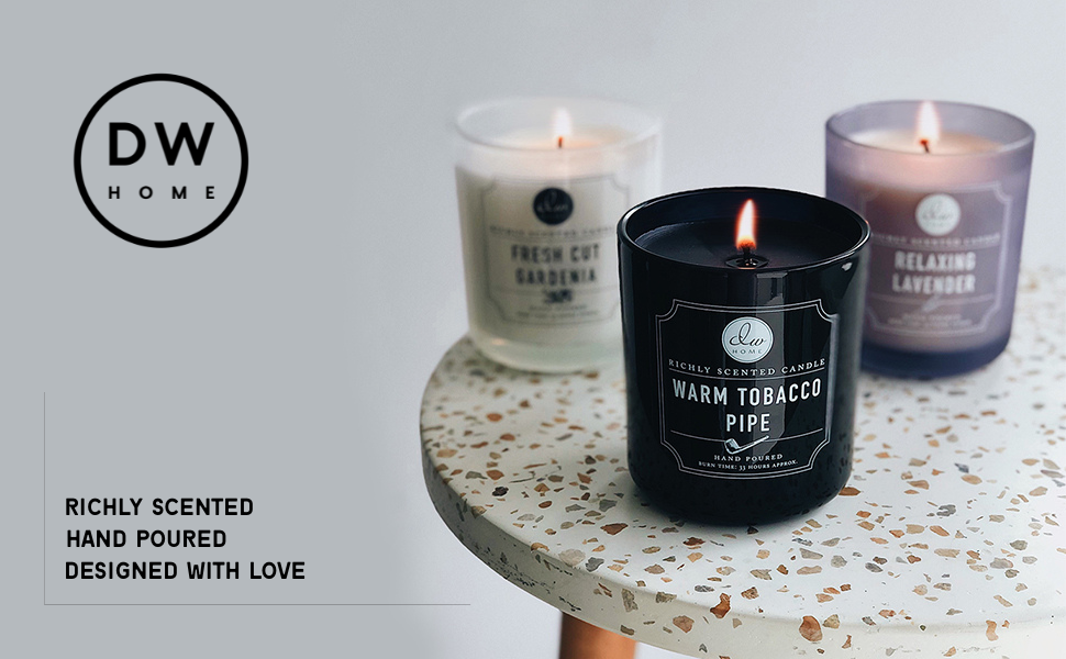 DW Home scented candles featuring warm tobacco pipe and lavender scents for home fragrance