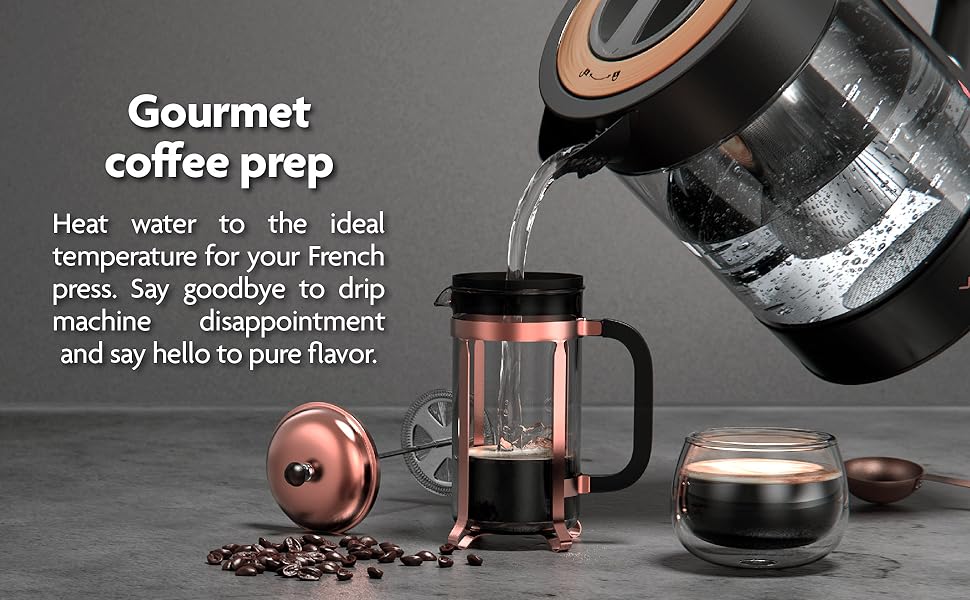 Heats water to ideal temp for French press coffee, for bold flavor and no drip machine bitterness