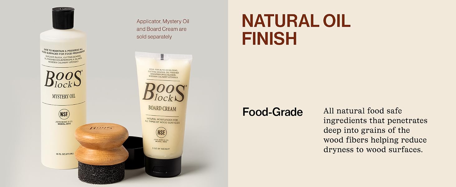 Cutting Board Care and Maintenance - Oil, Cream and Applicator.Text reads: Natural Oil Finish