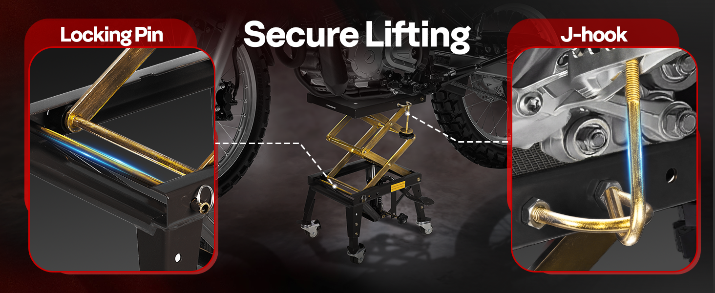This lift stand uses a locking pin and J-hook to ensure secure lifting for motorcycle maintenance.