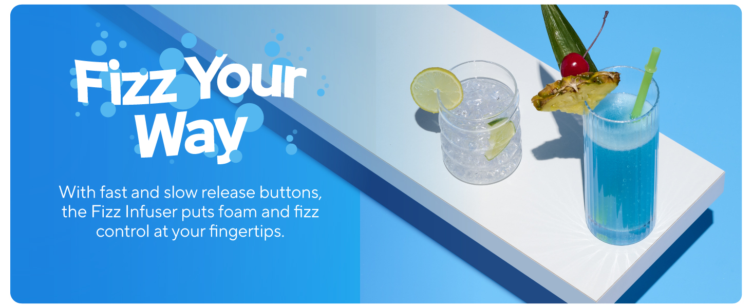 Image of two soda drinks on a table with text reading fizz your way.
