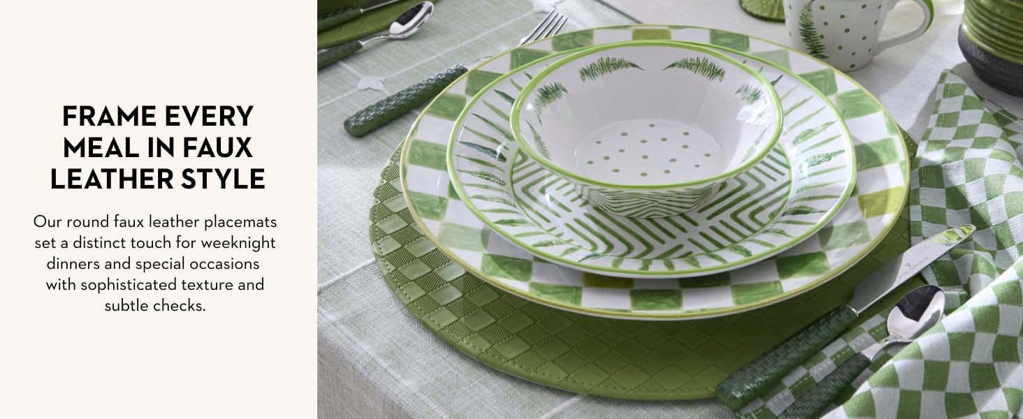 Round, faux leather style placemat with embossed checks.