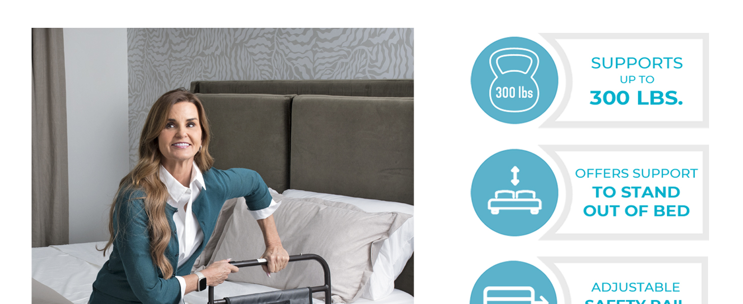 wonder ez adjust bed rail with extendable safety rail with standing handle and organizer pouch