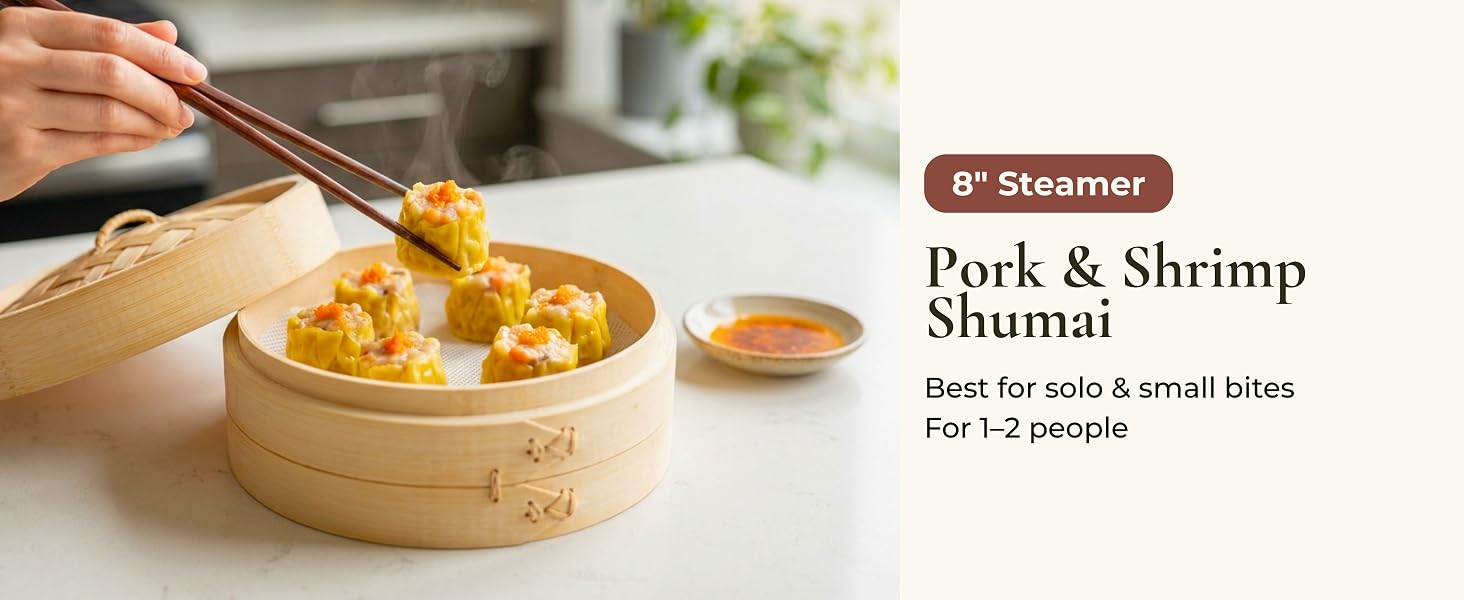 8-inch bamboo steamer with pork and shrimp shumai and chili oil, best for 1 to 2 people