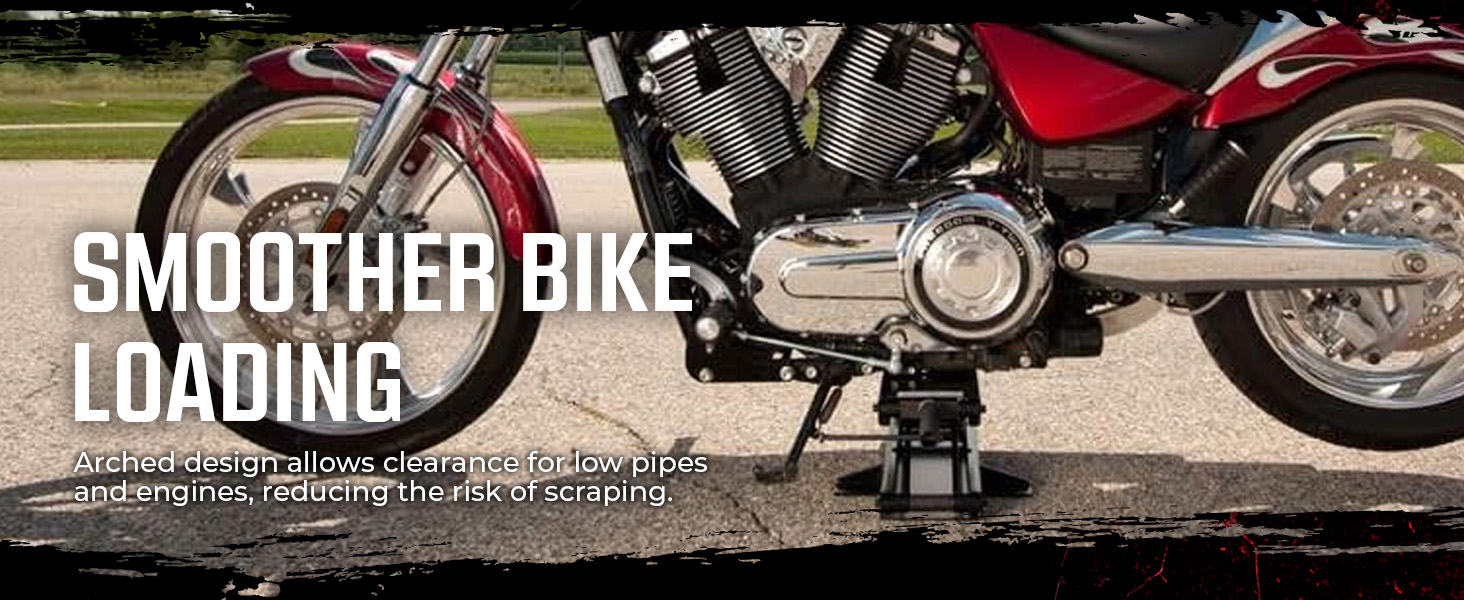 Motorcycle on dolly with five locking casters, showcasing smooth mobility in a garage setting.