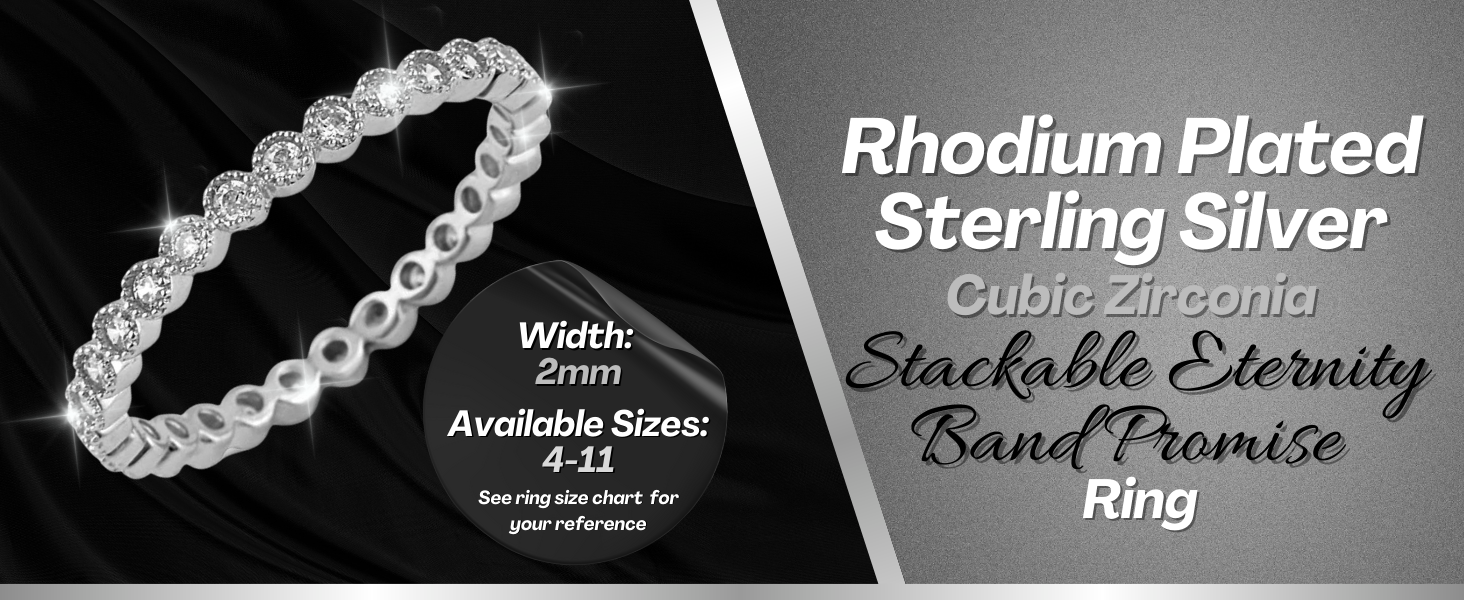 Sterling Silver CZ Thin Stacking Eternity Band Ring Rhodium Plated Single Main Visual