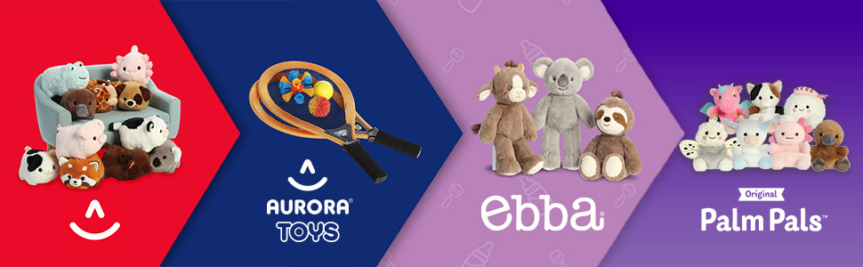 An image banner for Aurora Plush, Aurora Toys, ebba plush baby toys, and the palm pals collection