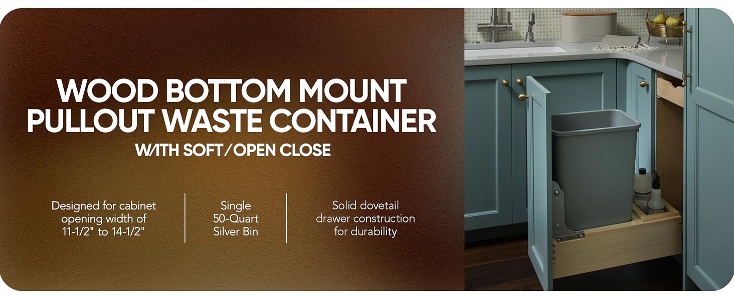 Rev-A-Shelf Pullout Trash Can 50 qt. Text reads: Wood Bottom Mount Waste Container