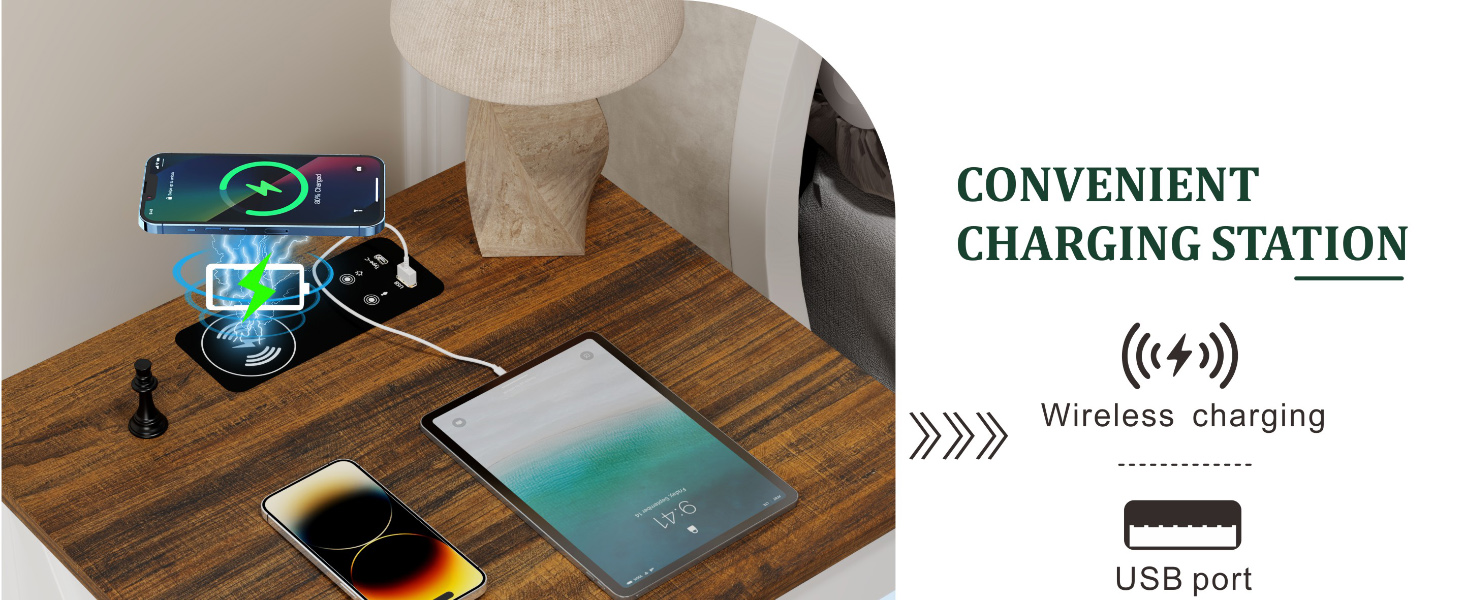LED nightstand with charging station