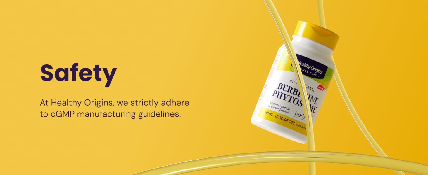 Healthy Origins Berberine Phytosome bottle floating between arcs of yellow glass, info about safety