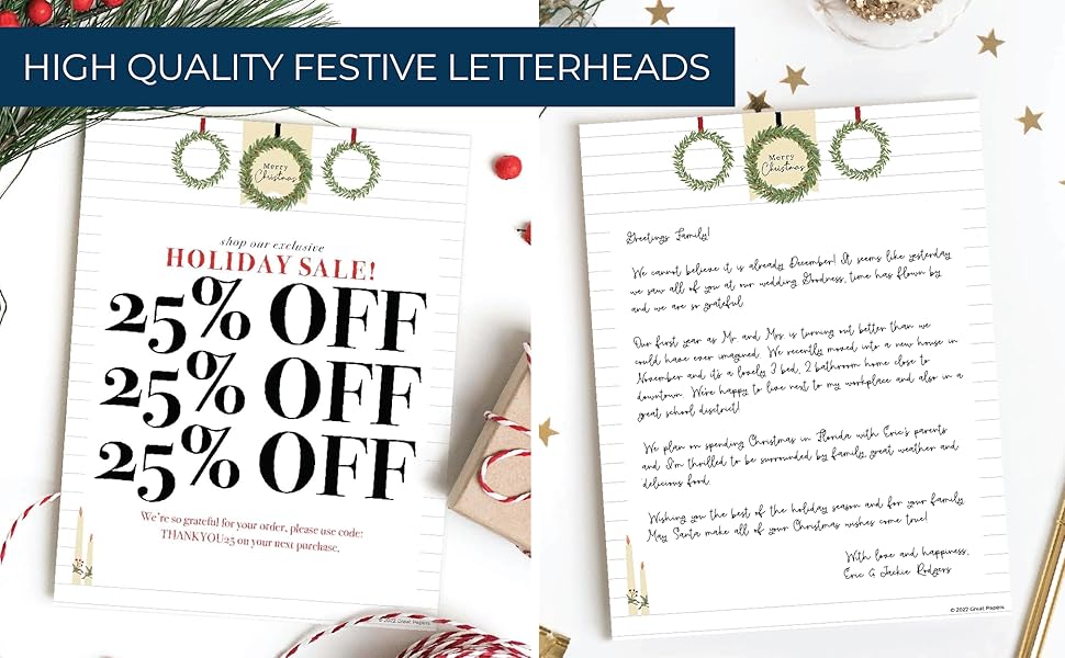 Two modern farmhouse style Christmas holiday letterheads with a handwritten note and sale flyer