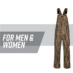 Camo overalls left against a white backdrop with grey stripe behind; text reads: for men and women.