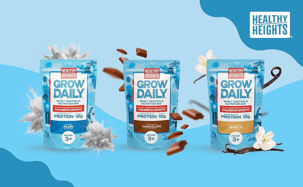 3 packs of Healthy Heights Grow Daily 3+, Plain, Chocolate and Vanilla
