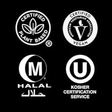 official certification badges: vegan, plant-based, halal and kosher
