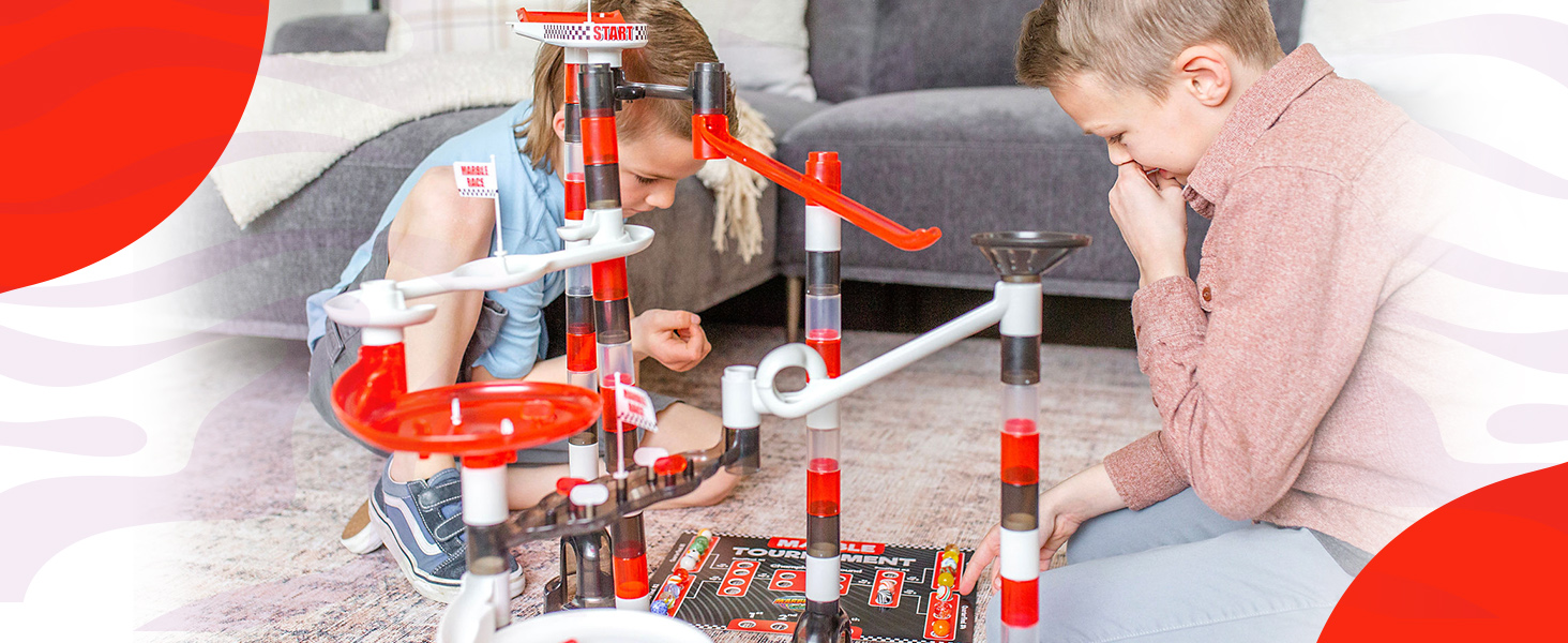 red white black racing race track marble runs