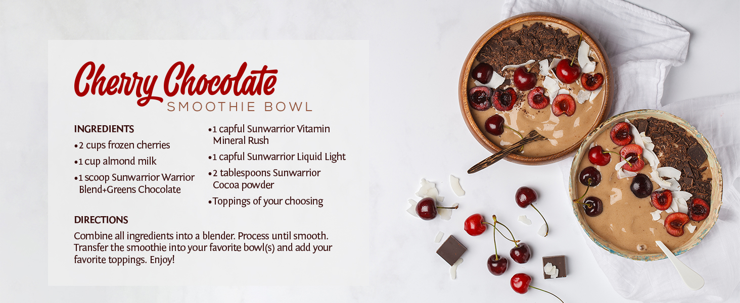 A recipe for Cherry Chocolate Smoothie Bowl featuring Sunwarrior Liquid Light.