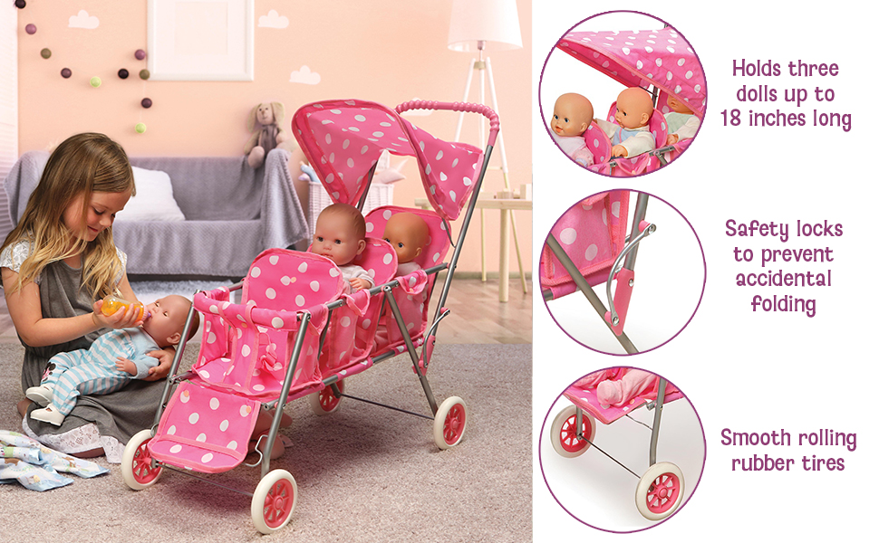 Triple stroller for 18 inch dolls gifts for girls preschool toys