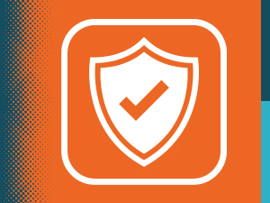Orange square icon with white shield containing checkmark symbol, representing security or protection concept.