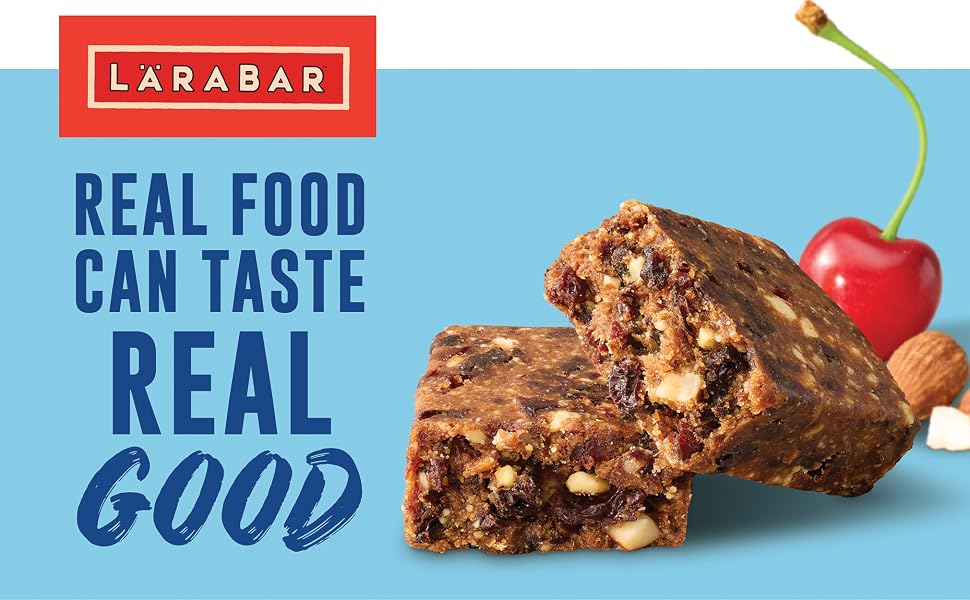 Larabar Cherry Pie bar with visible nuts and fruit beside a cherry and almond with text Real Food Ca