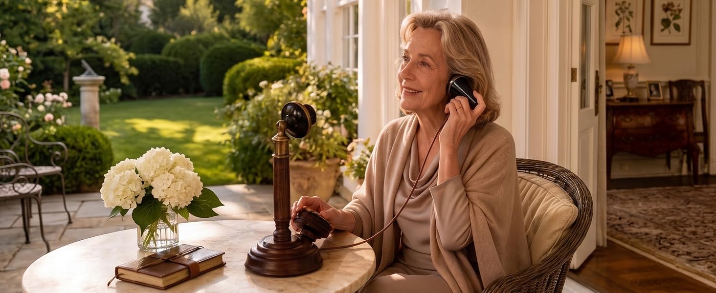 Woman using the Opis Technology 1921 Cable Model C Candlestick Telephone