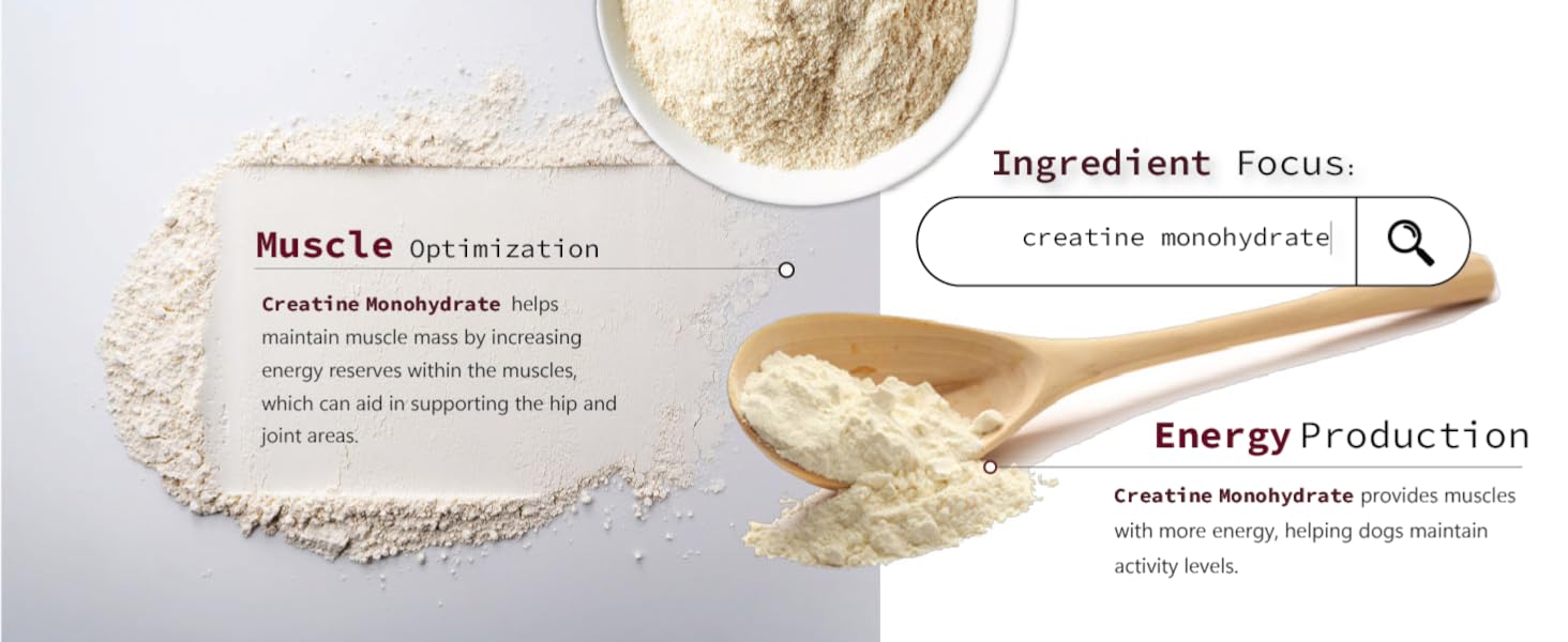Creatine monohydrate boosts muscle optimization and energy, supporting joint and activity levels.