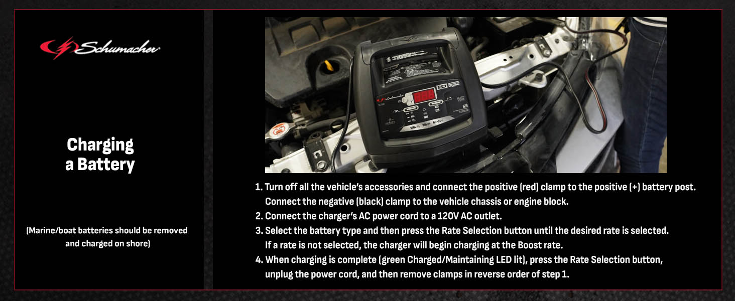 Shows how to charge an automobile battery with the SC1308 car battery charger and engine starter.