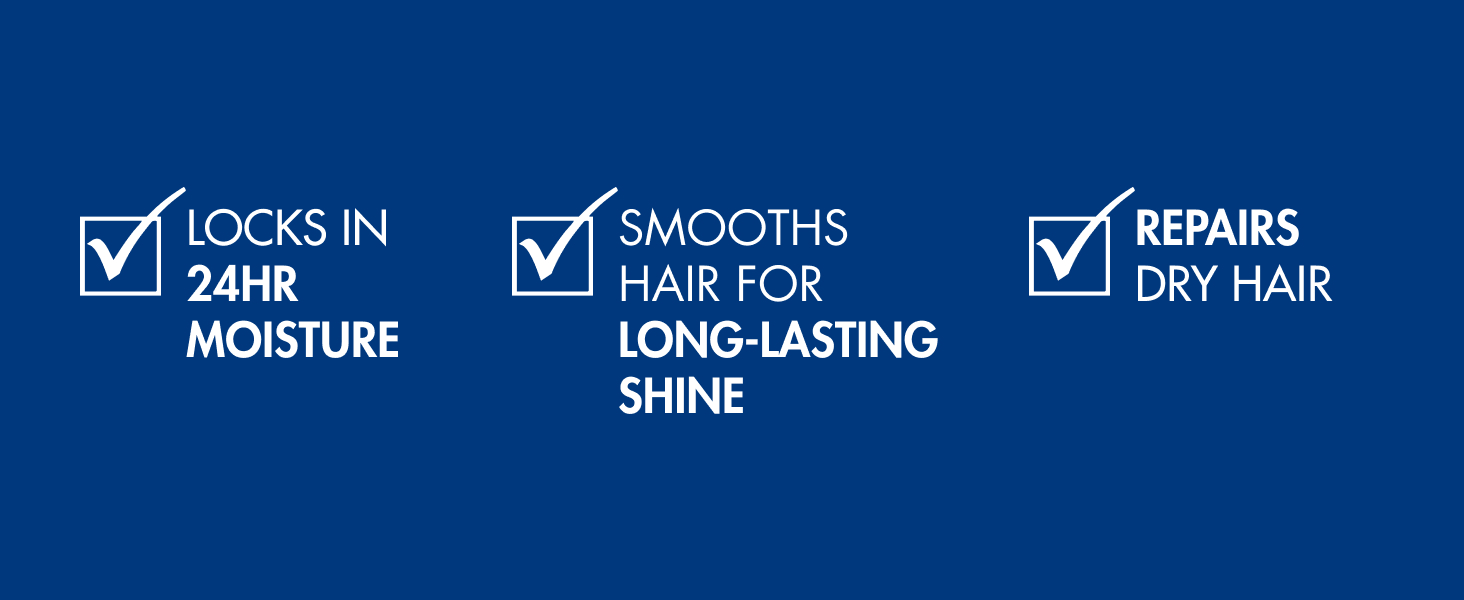 List of benefits: LOCKS IN 24HR MOISTURE, SMOOTHS HAIR FOR LONG-LASTING SHINE, REPAIRS DRY HAIR.