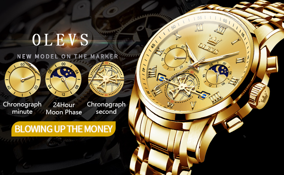 stainless steel gold watches for men，gold men watch,Men's Wrist Watches,Men chronograph watch