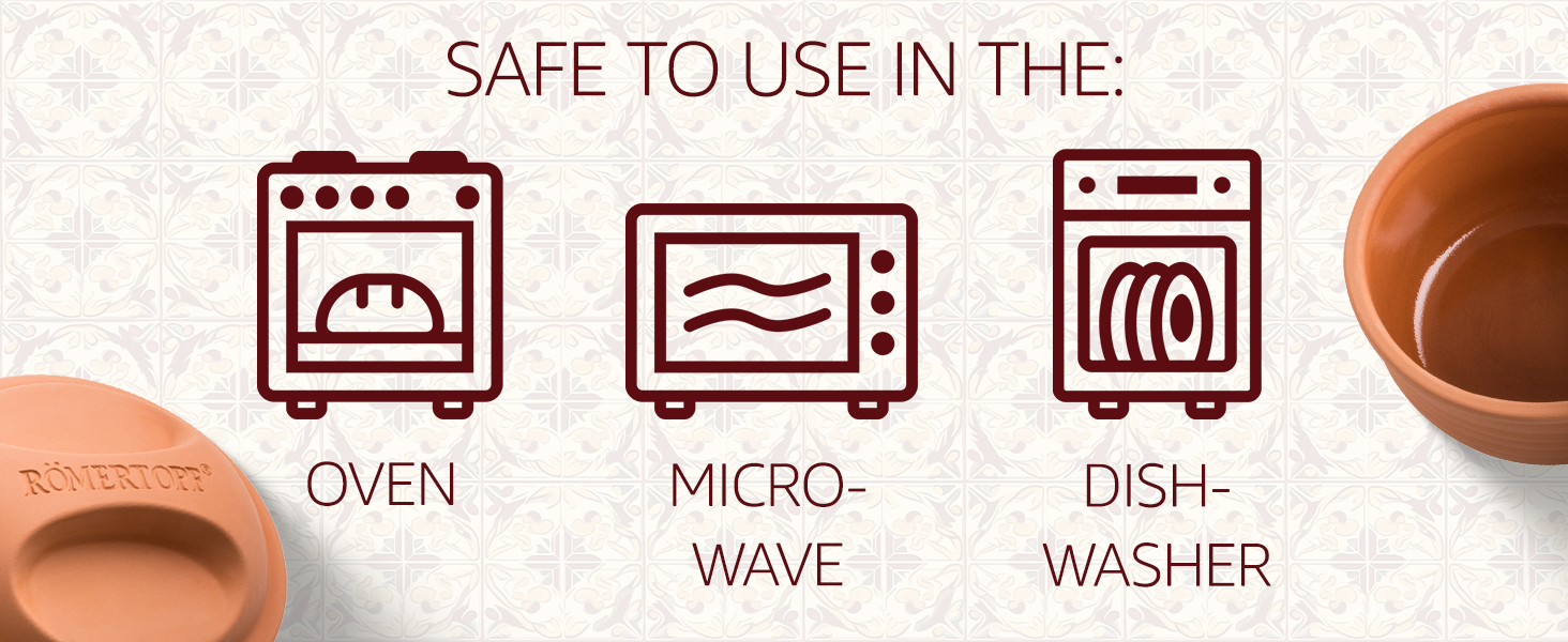 The Römertopf is safe to use in the oven, microwave, and dishwasher.