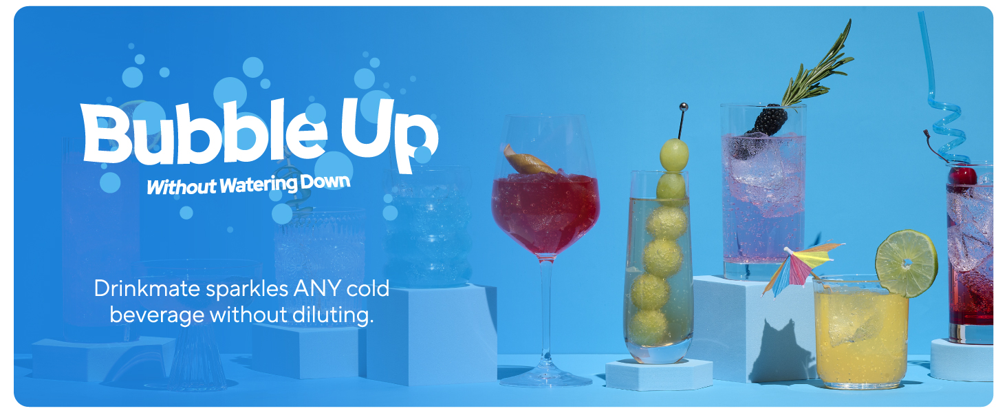 Image of several carbonated drinks with text reading bubble up.