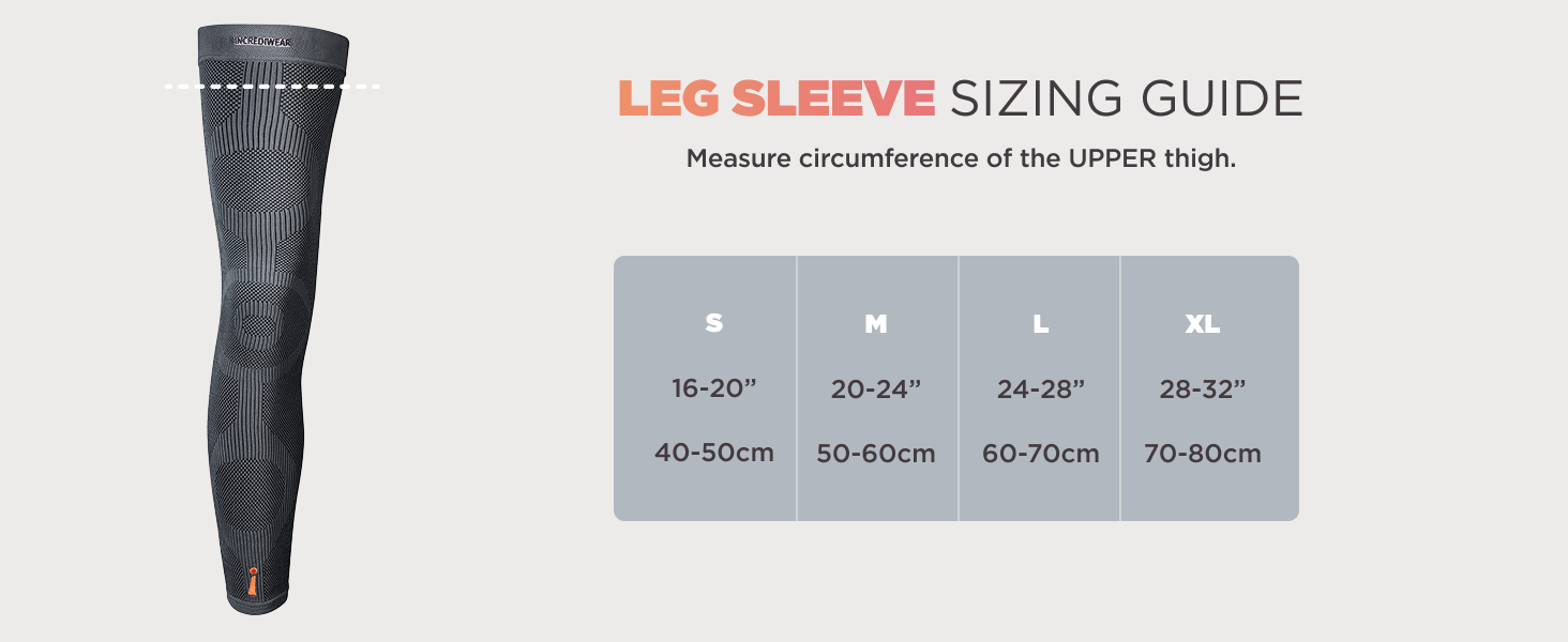 Leg compression sleeves for men sizing guide - S to XL Upper thigh circumference