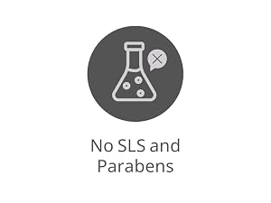 Text reads 'No SLS and Parabens'. Flask icon with prohibited symbol in dark gray circle on white background.