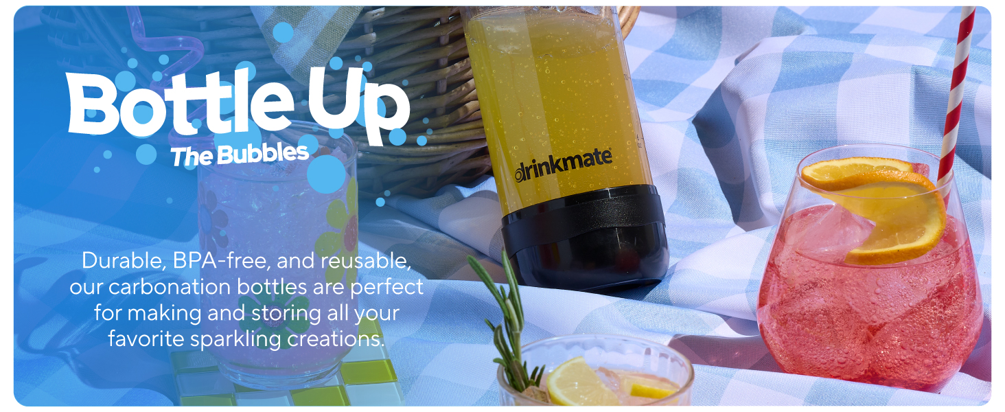 Image of two drinks with carbonation next to a drinkmate soda maker with text reading bottle up.