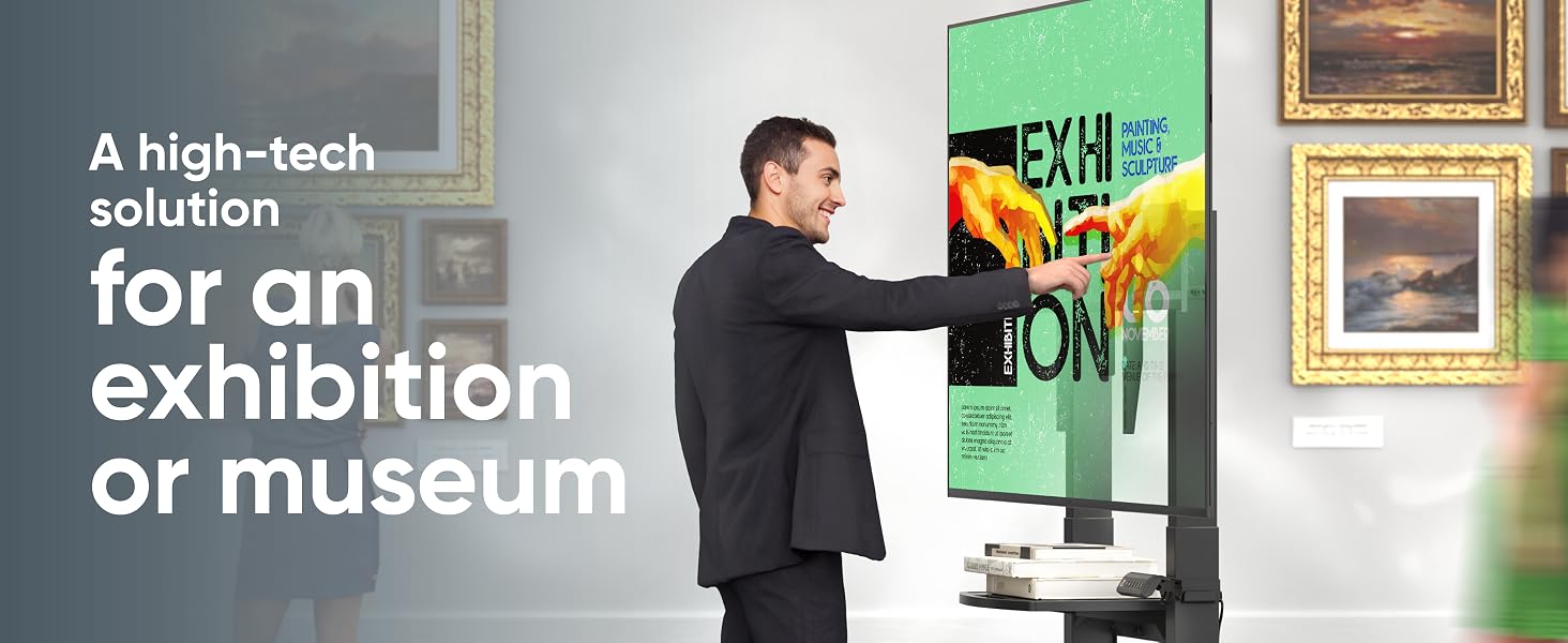 Text reads 'for exhibition or museum'. Digital displays and artwork shown in a gallery or museum setting with multiple screens and framed pieces on walls.