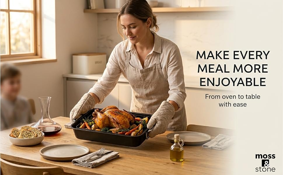 Home kitchen scene with woman placing roasting pan with chicken on table for family meal