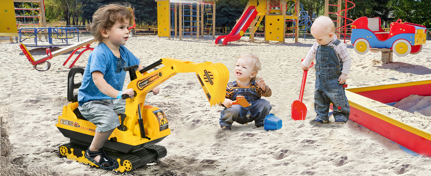 Playground scene with children playing. Features a yellow toy excavator, sandbox, and colorful play structures in the background.