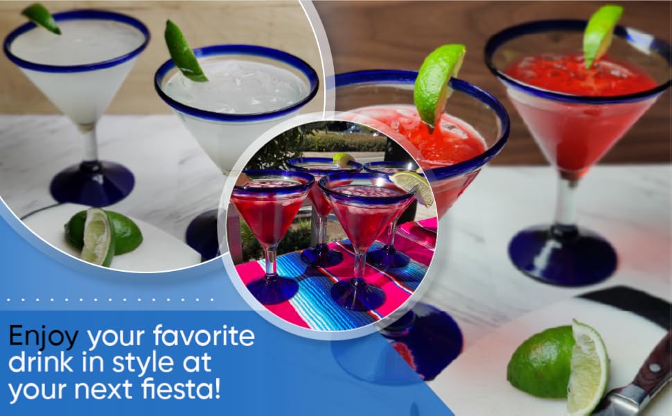 Mexican martini margarita glasses blue rim recycled glass glassware