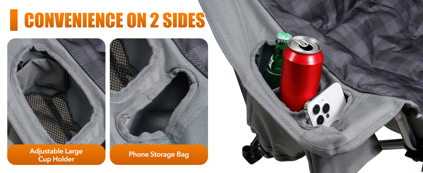 large camping chair with Adjustable dual oversized cup holders and phone pockets