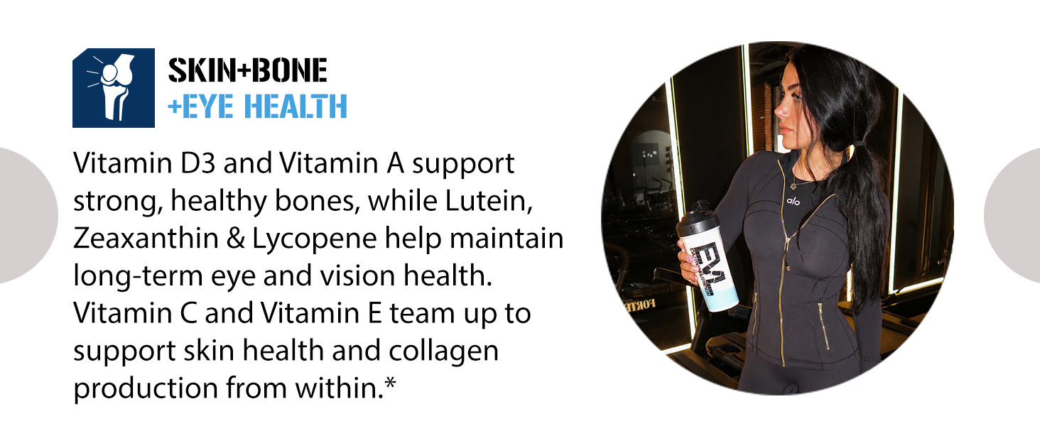 Female athlete holding EVL shaker in gym. Vitamode supports skin, bone, and eye health daily.*