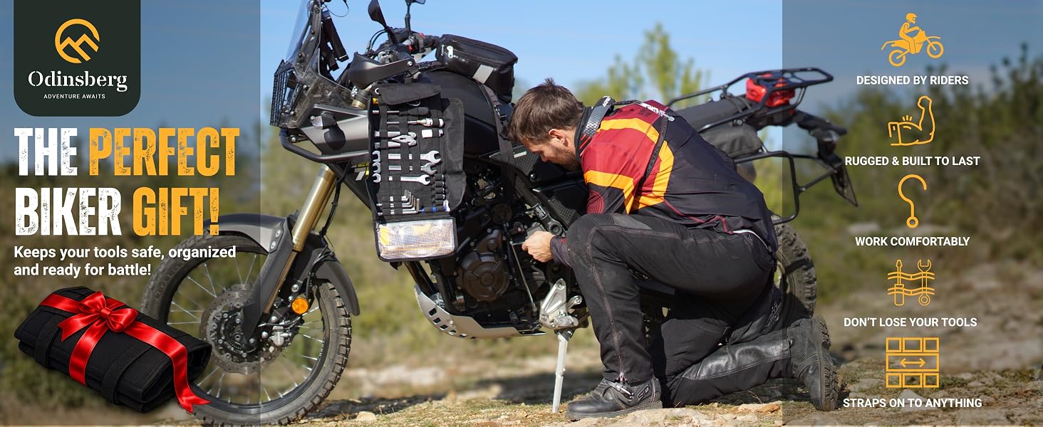 odinsberg motorcycle tool roll hanging on a yamaha tenere 700