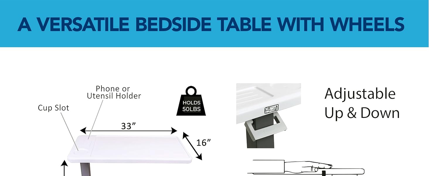 The Bed Table For Home Use and Hospital, Bedside Table With Wheels, Over Bed Bable With Wheels