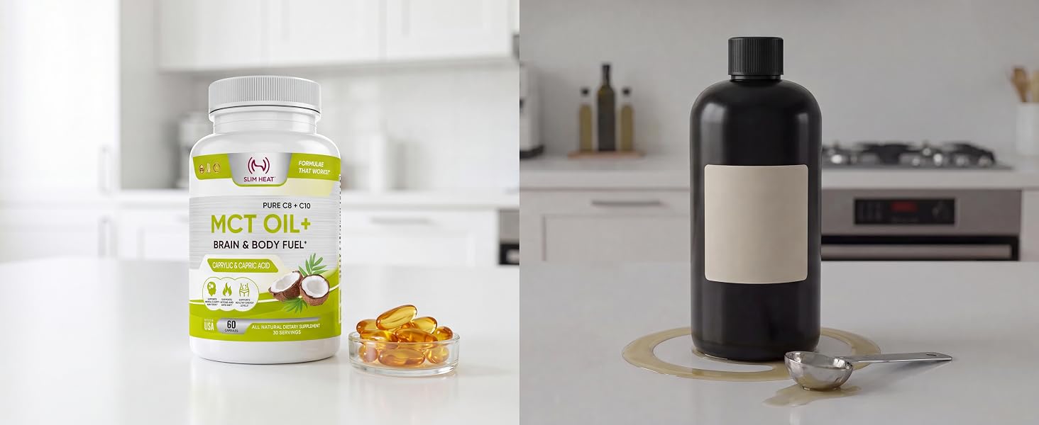 Slim Heat MCT Oil softgels and amber capsules beside a messy liquid MCT oil spill in a kitchen