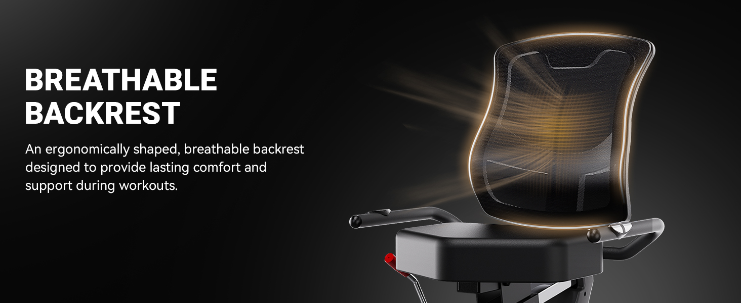 Breathable ergonomic backrest designed for comfort and airflow during seated workouts