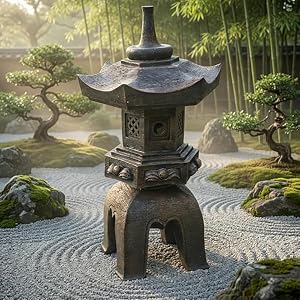 A serene Japanese garden setting with smooth stepping stones, a small koi pond with lily pads, and l